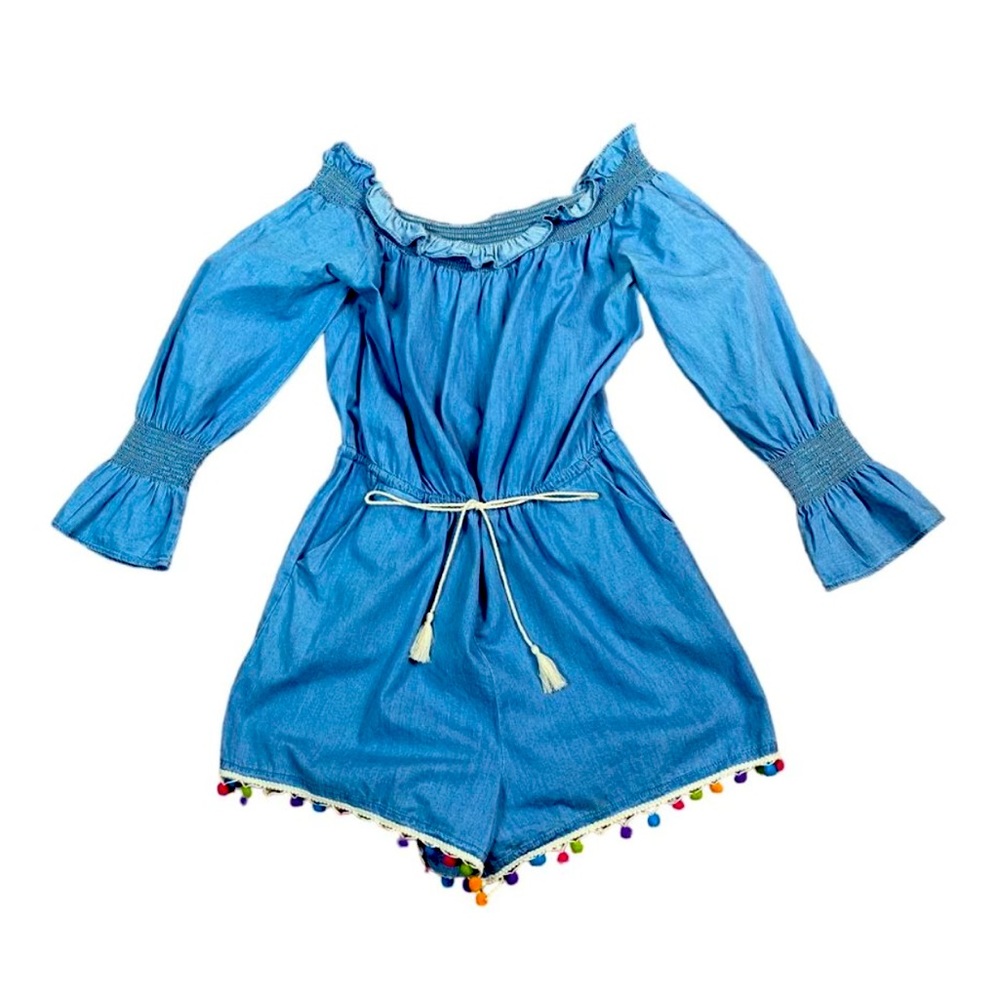 Saks Fifth Ave Chambray Smocked Romper Playsuit L Pom-Pom Resort Beach Denim